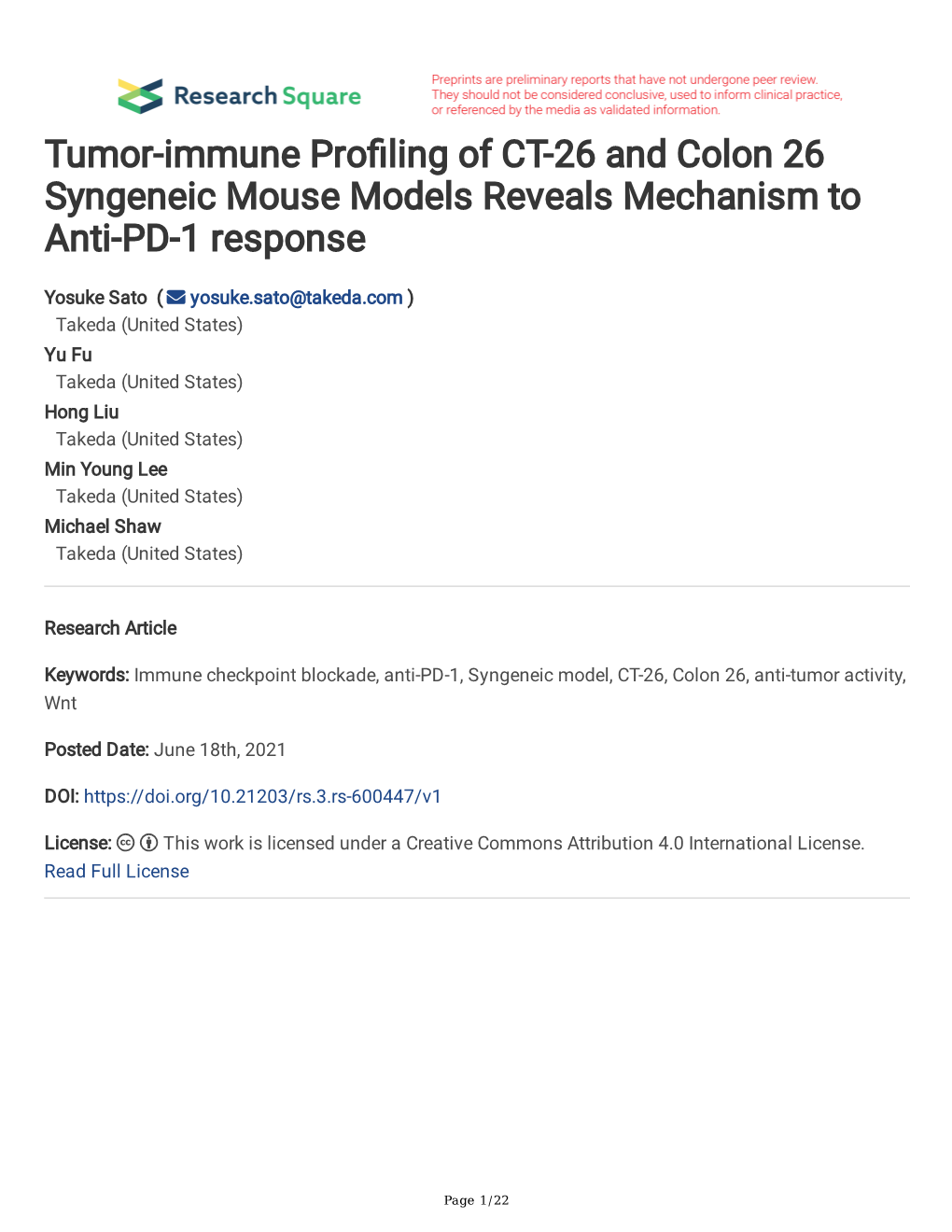 Tumor-Immune Pro Ling of CT-26 and Colon 26 Syngeneic Mouse Models