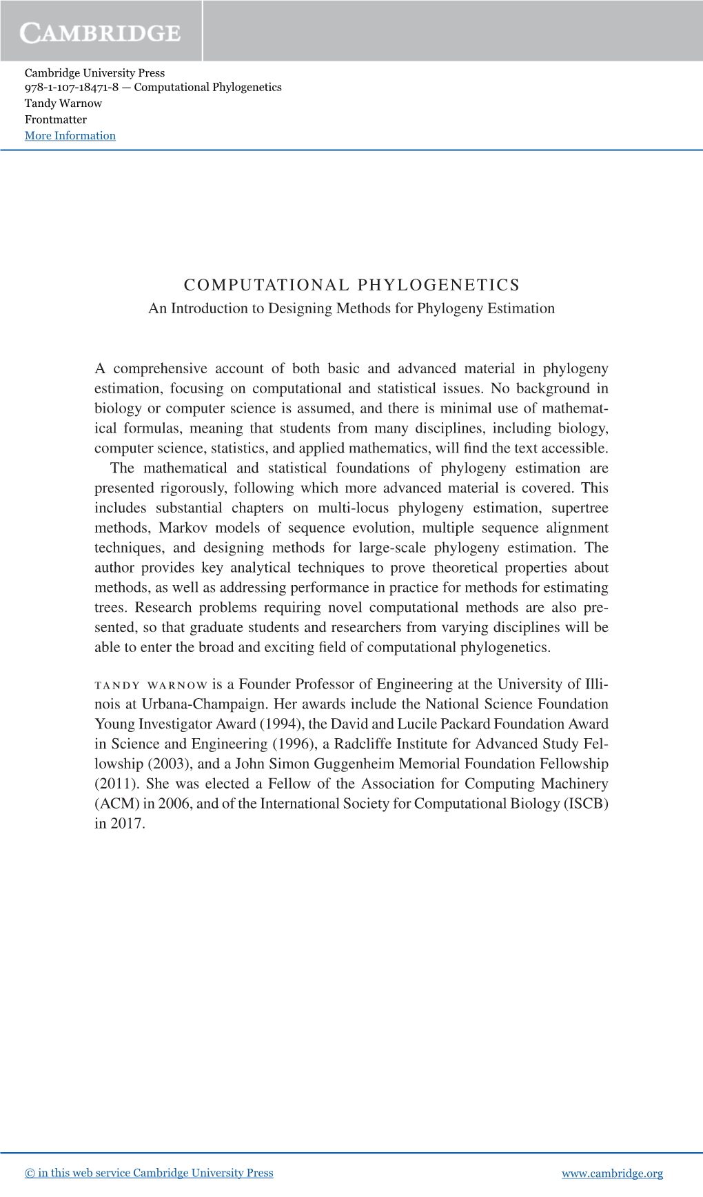 Computational Phylogenetics Tandy Warnow Frontmatter More Information