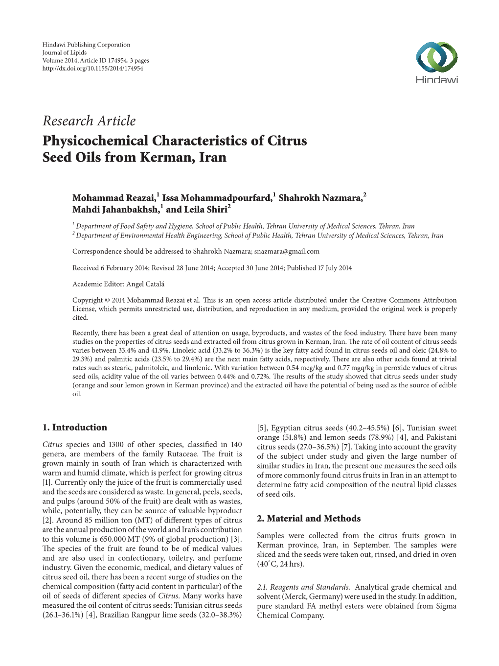 Physicochemical Characteristics of Citrus Seed Oils from Kerman, Iran