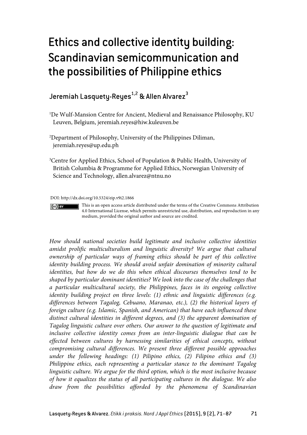 Ethics and Collective Identity Building: the Possibilities of Philippine Ethics