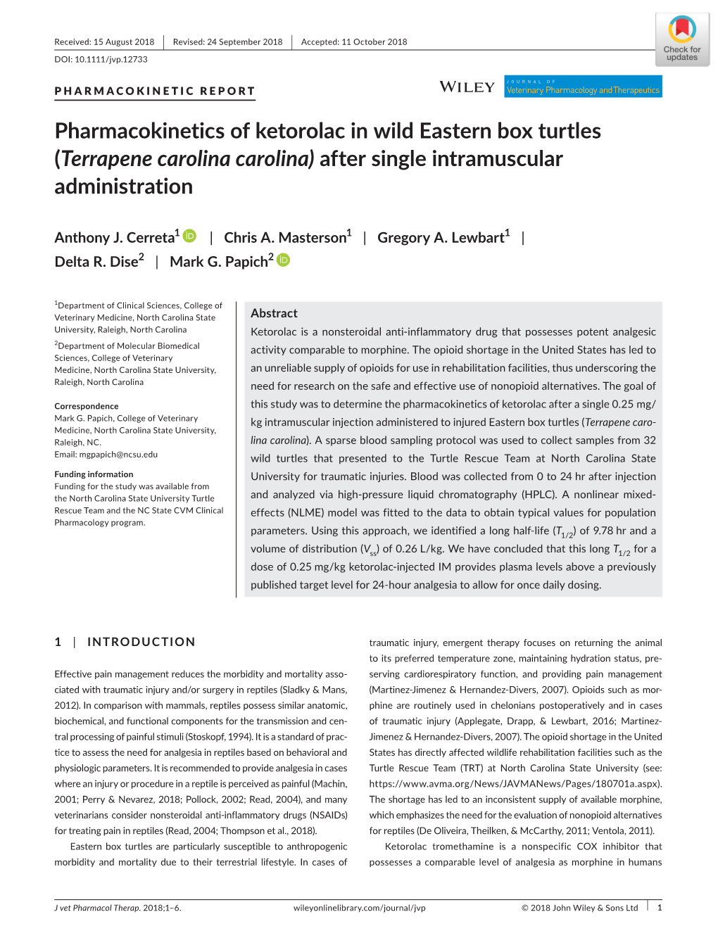 Pharmacokinetics of Ketorolac in Wild Eastern Box Turtles (Terrapene Carolina Carolina) After Single Intramuscular Administration