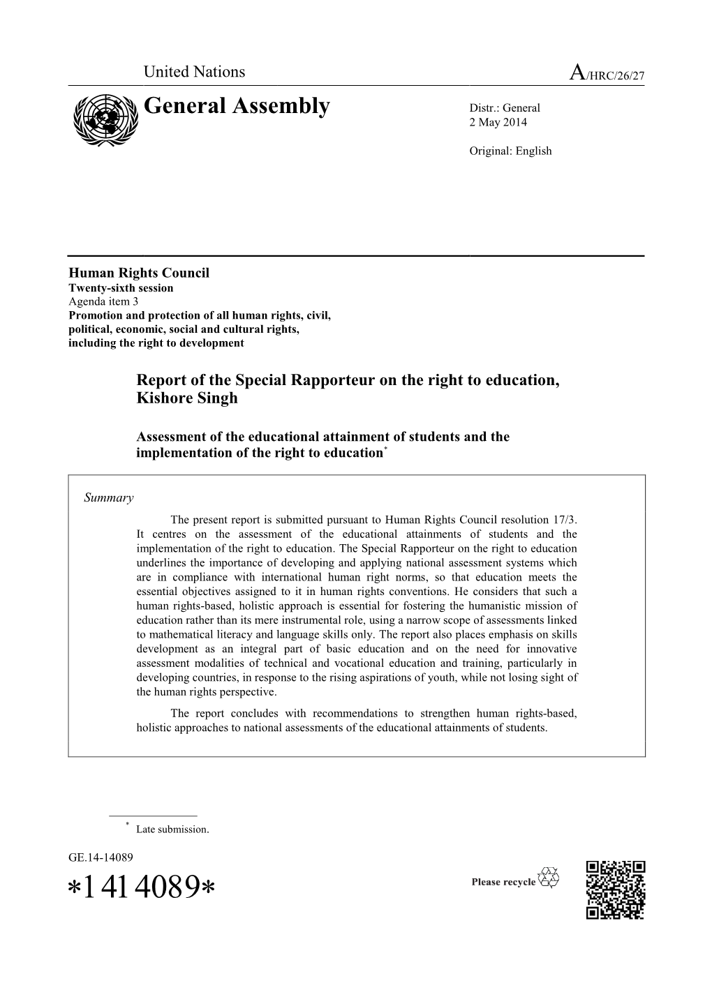 Report of the Special Rapporteur on the Right to Education in English