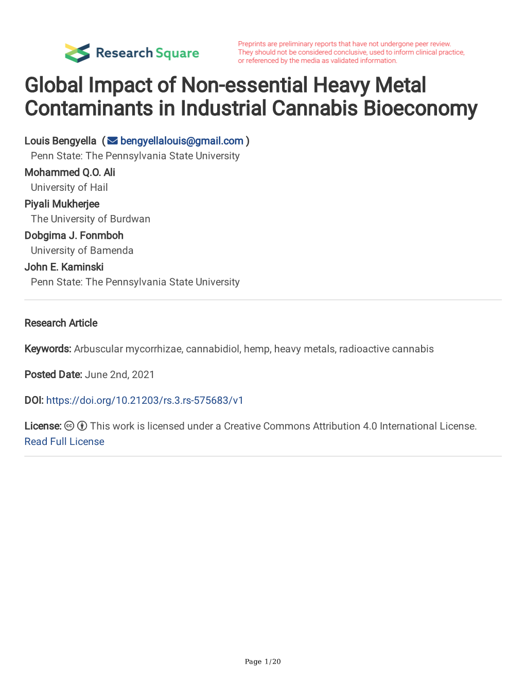 Global Impact of Non-Essential Heavy Metal Contaminants in Industrial Cannabis Bioeconomy