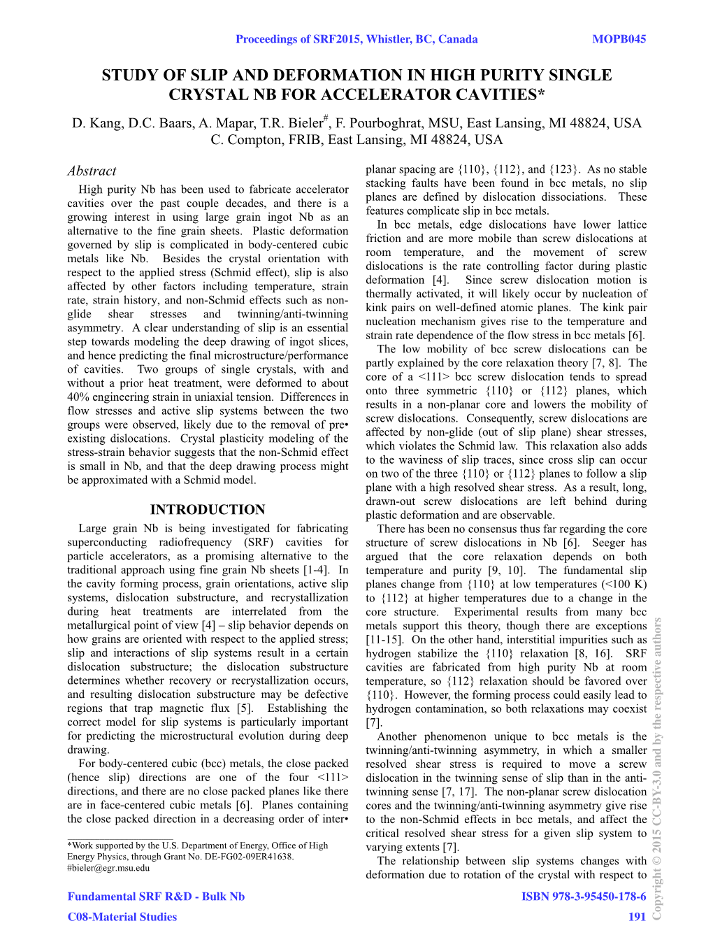 Study of Slip and Deformation in High Purity Single Crystal Nb for Accelerator Cavities* D