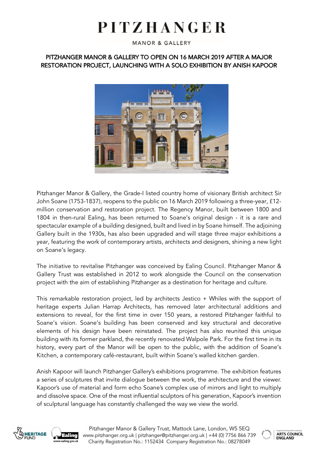 Pitzhanger Manor & Gallery Opening March 2019 – Press Release