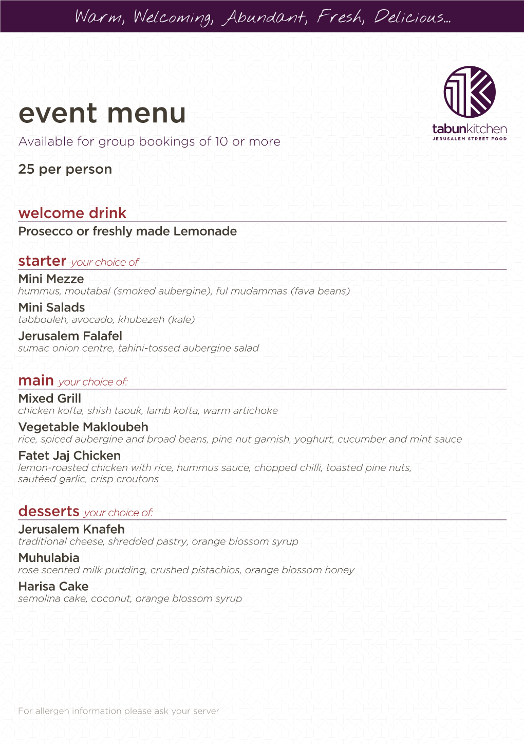 Event Menu Available for Group Bookings of 10 Or More