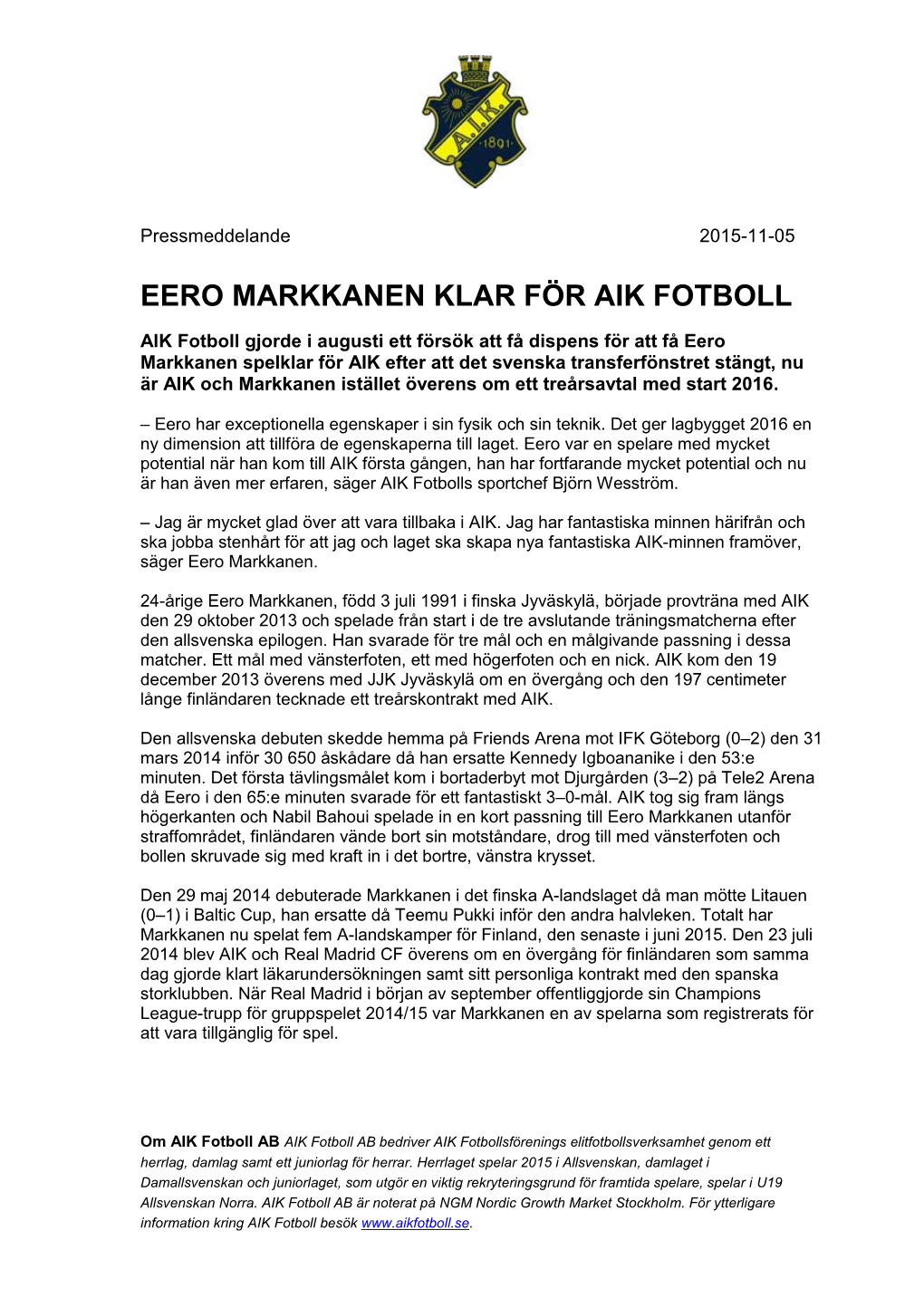 Eero Markkanen Klar För Aik Fotboll