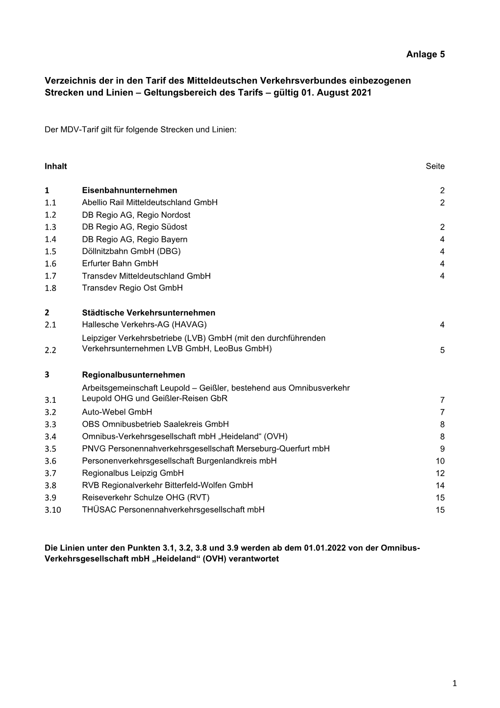 Anlage 5 Verzeichnis Der in Den Tarif Des MDV Einbezogenen Strecken