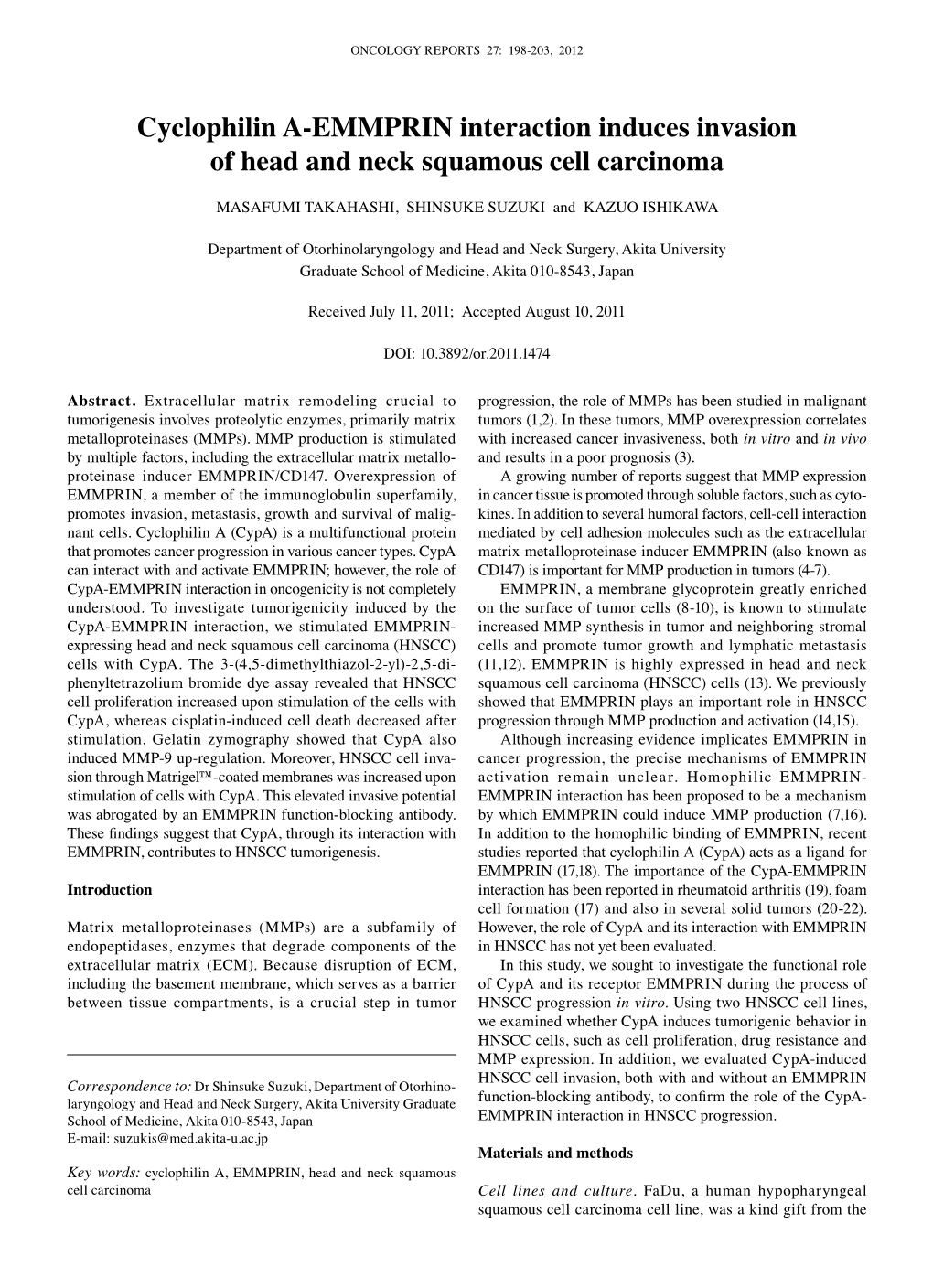 Cyclophilin A-EMMPRIN Interaction Induces Invasion of Head and Neck Squamous Cell Carcinoma