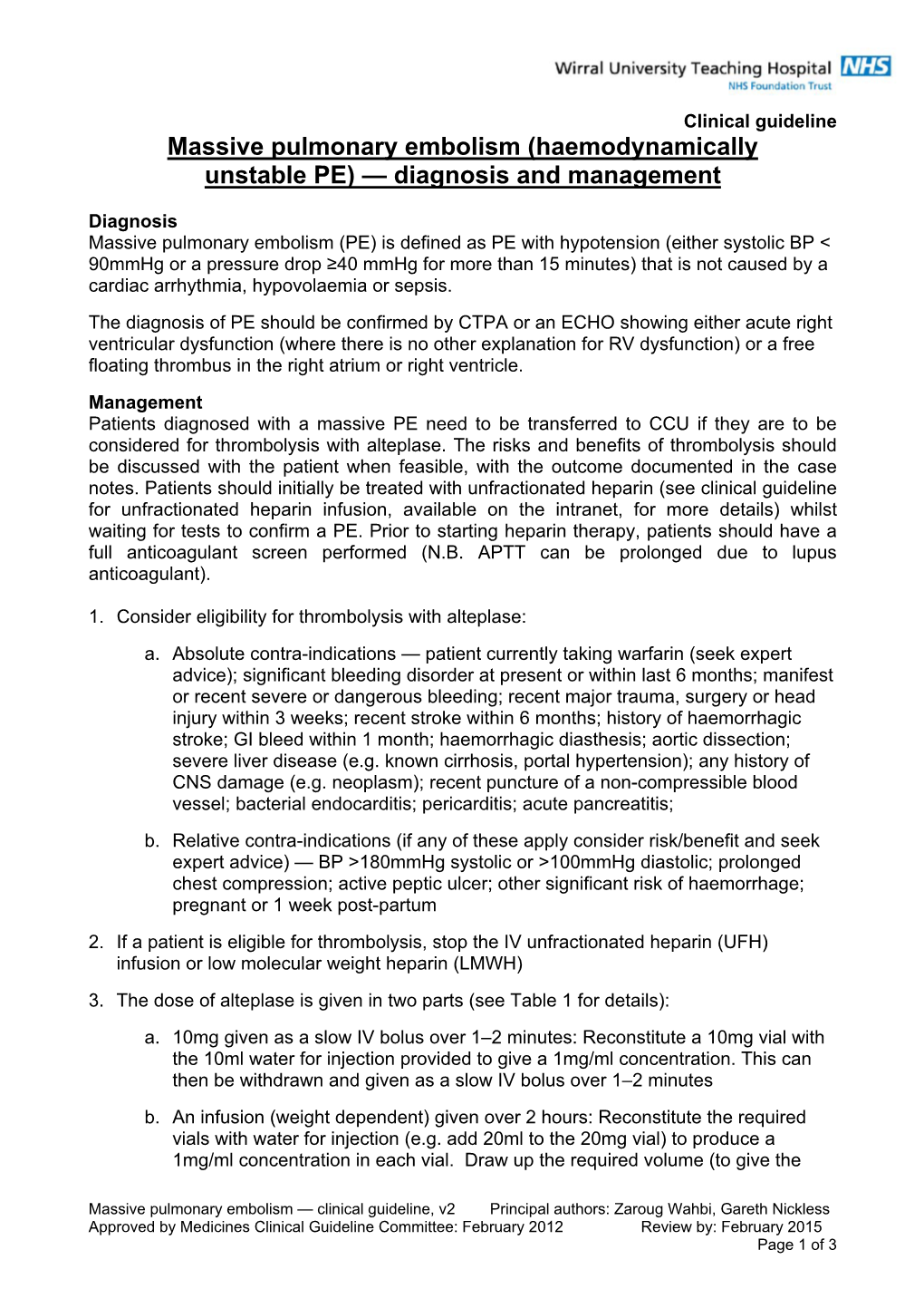 Massive Pulmonary Embolism (Haemodynamically Unstable PE) — Diagnosis and Management