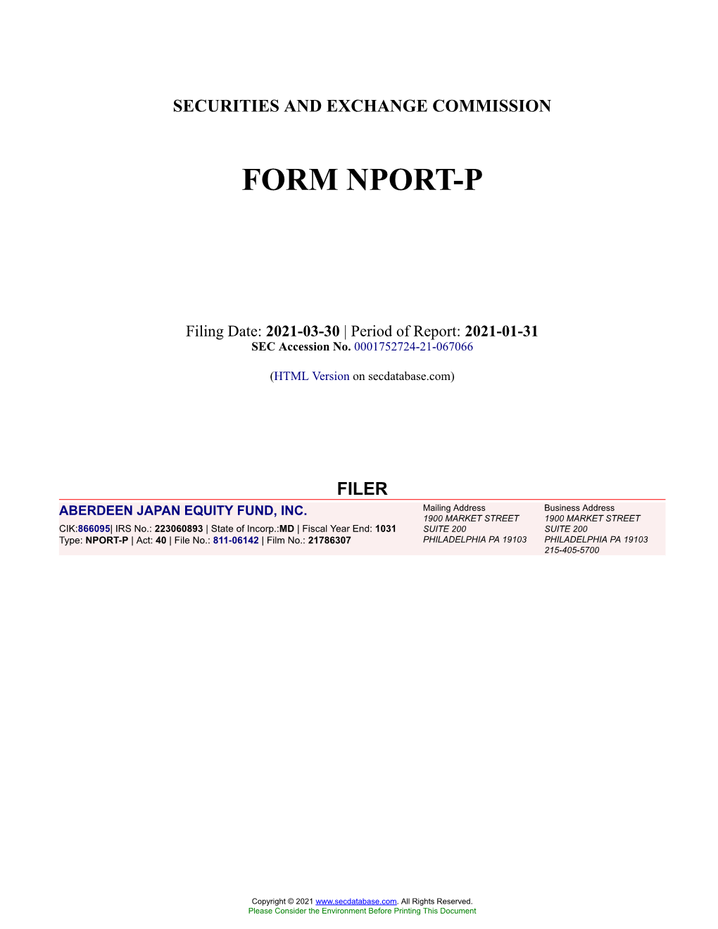 ABERDEEN JAPAN EQUITY FUND, INC. Form NPORT-P Filed 2021-03