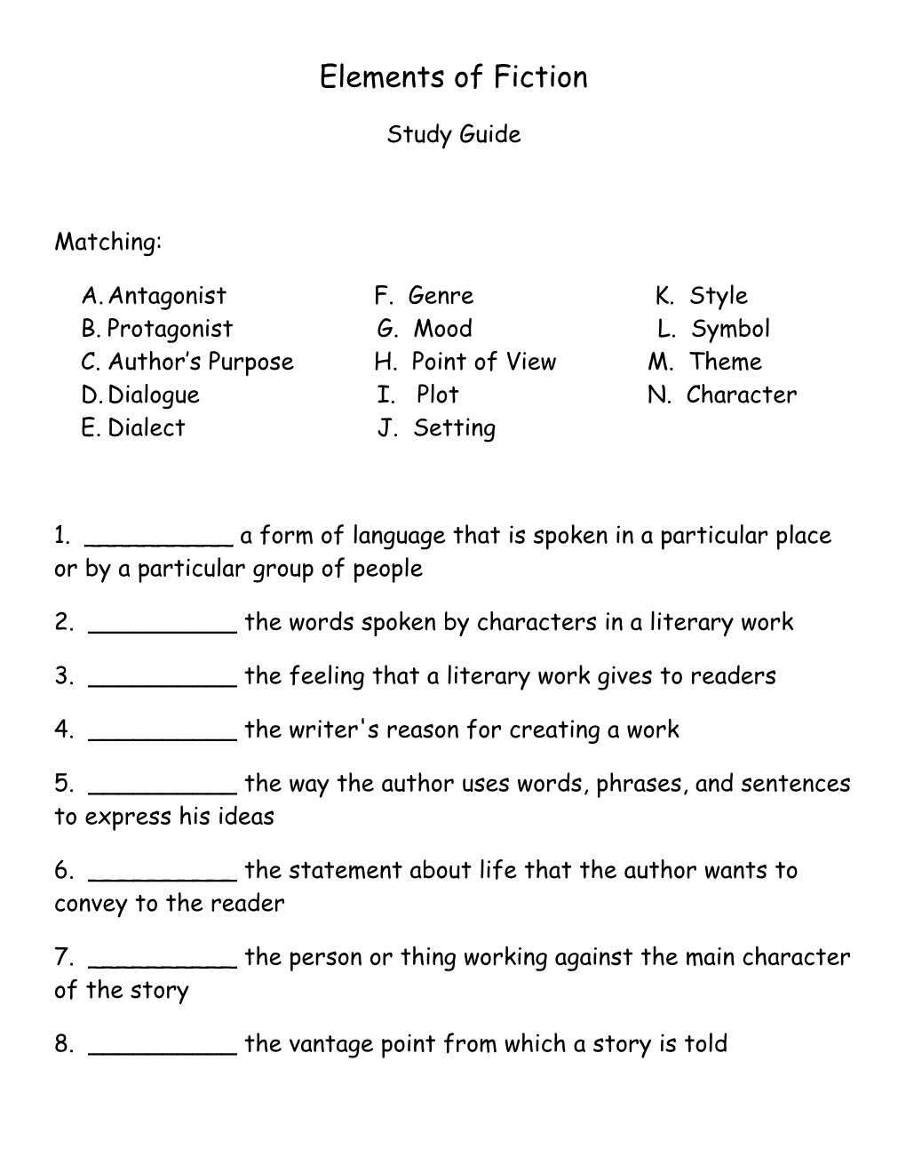 Elements of Fiction Quiz