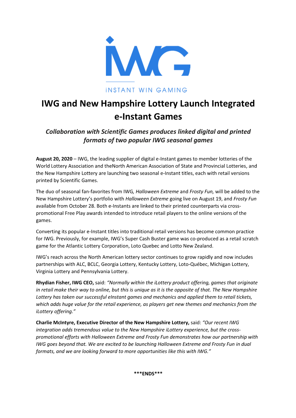 IWG and New Hampshire Lottery Launch Integrated E-Instant Games