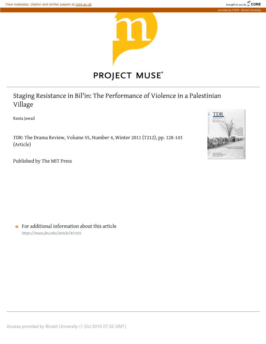 Staging Resistance in Bil'in: the Performance of Violence in A