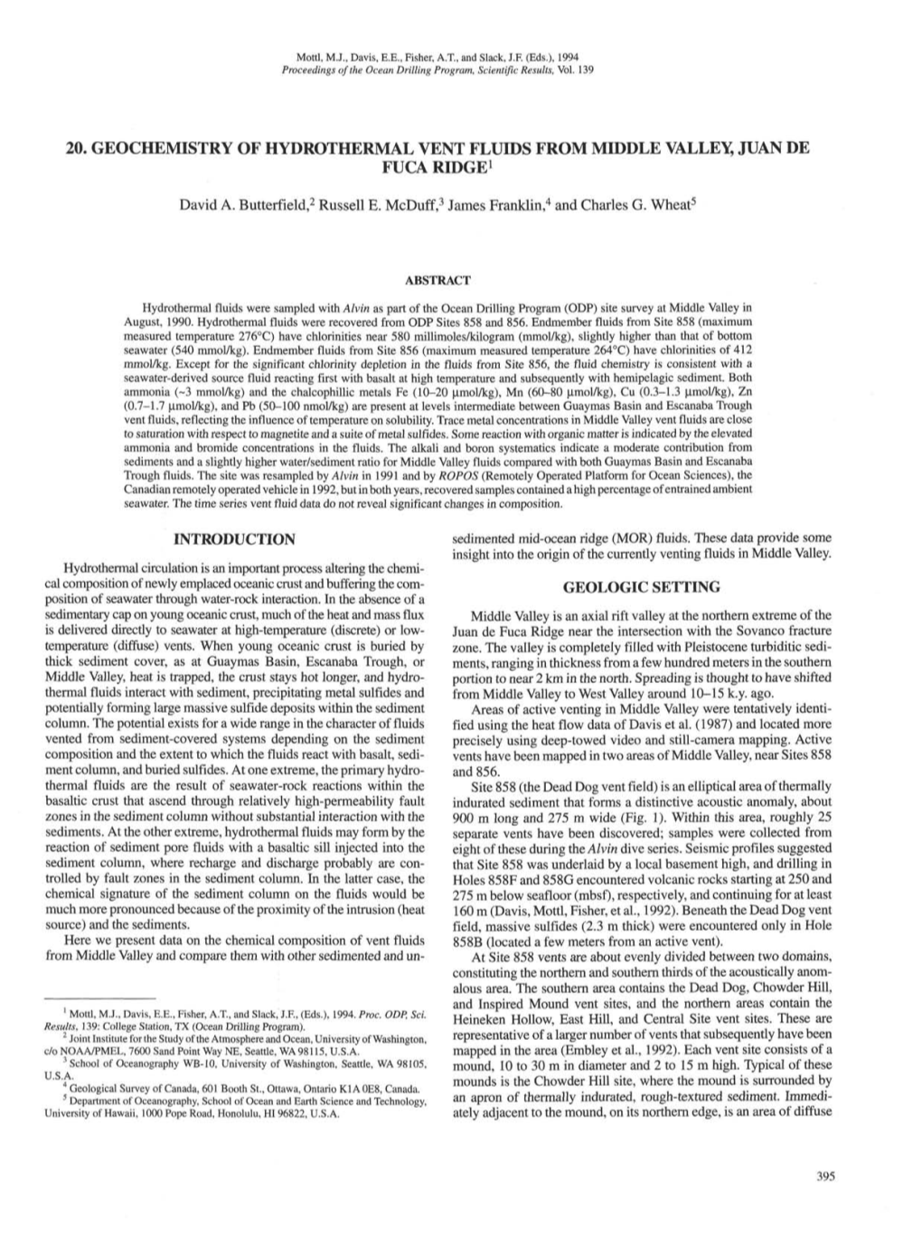 20. Geochemistry of Hydrothermal Vent Fluids from Middle Valley, Juan De Fuca Ridge1