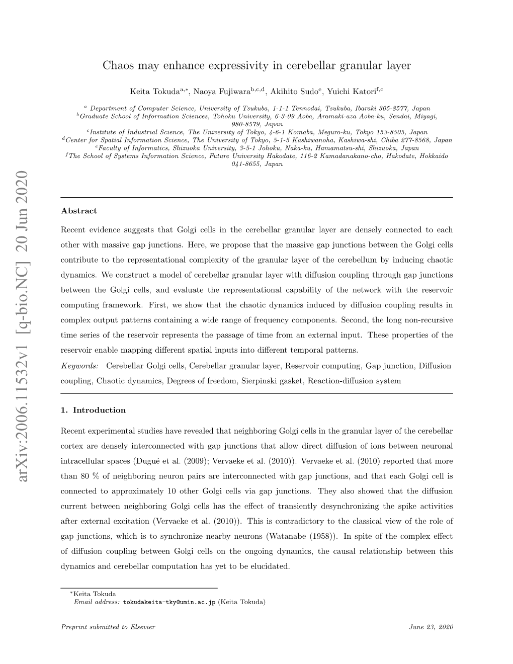 Arxiv:2006.11532V1 [Q-Bio.NC] 20 Jun 2020 Connected to Approximately 10 Other Golgi Cells Via Gap Junctions