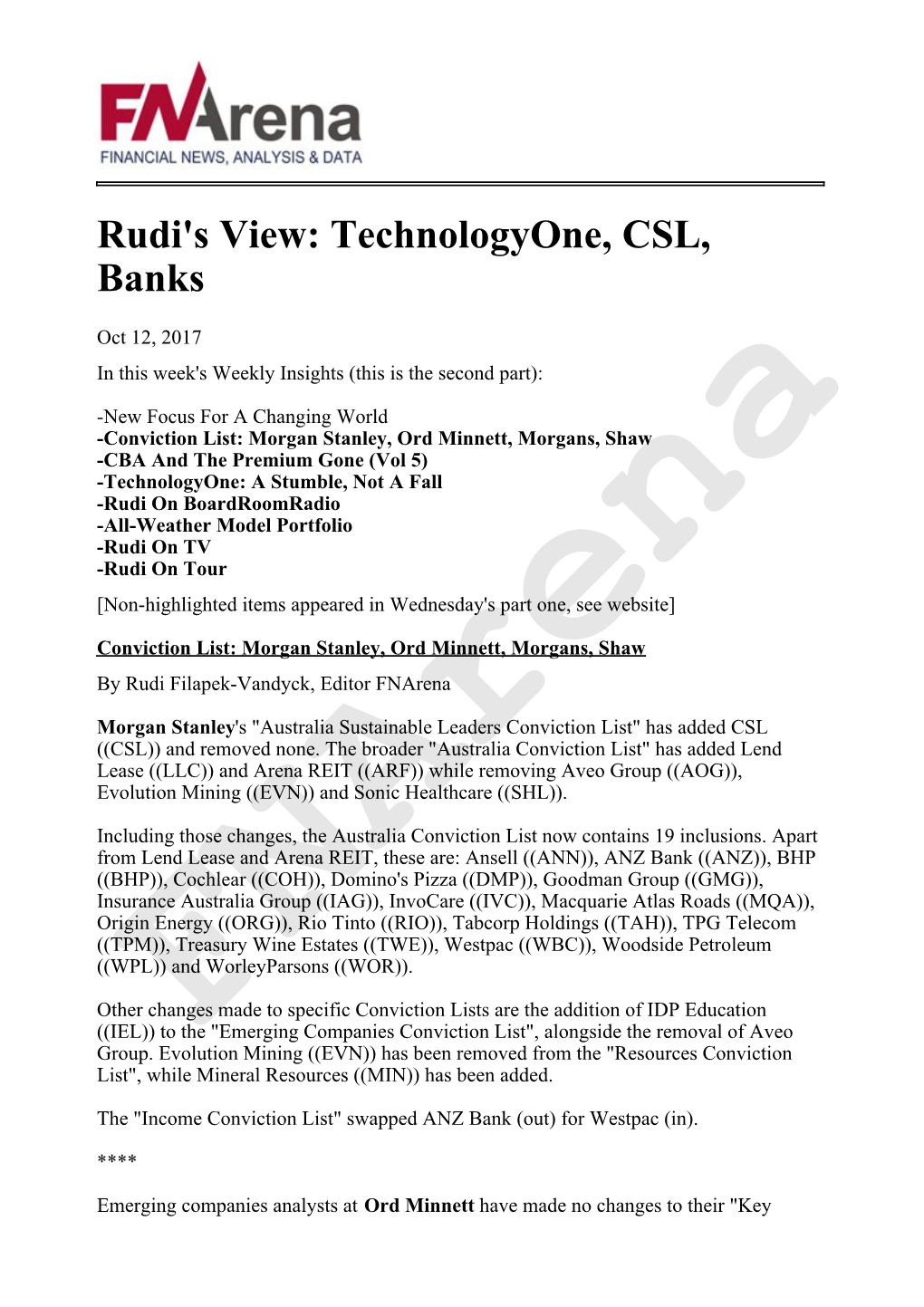 Rudi's View: Technologyone, CSL, Banks