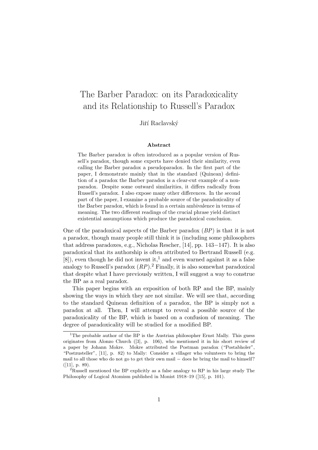 The Barber Paradox: on Its Paradoxicality and Its Relationship to Russell’S Paradox