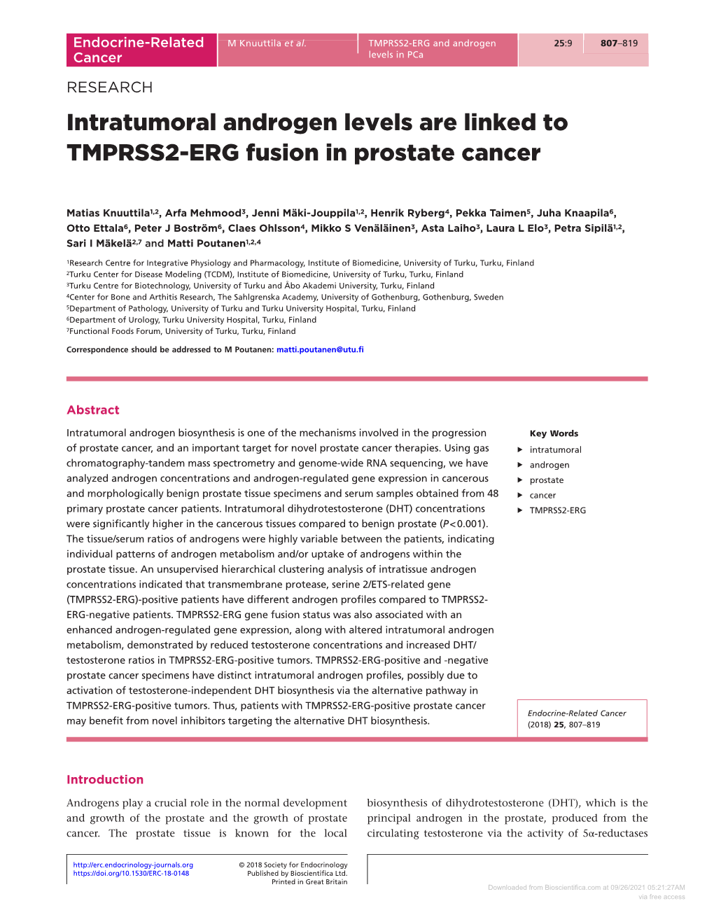 Intratumoral Androgen Levels Are Linked to TMPRSS2-ERG Fusion in Prostate Cancer