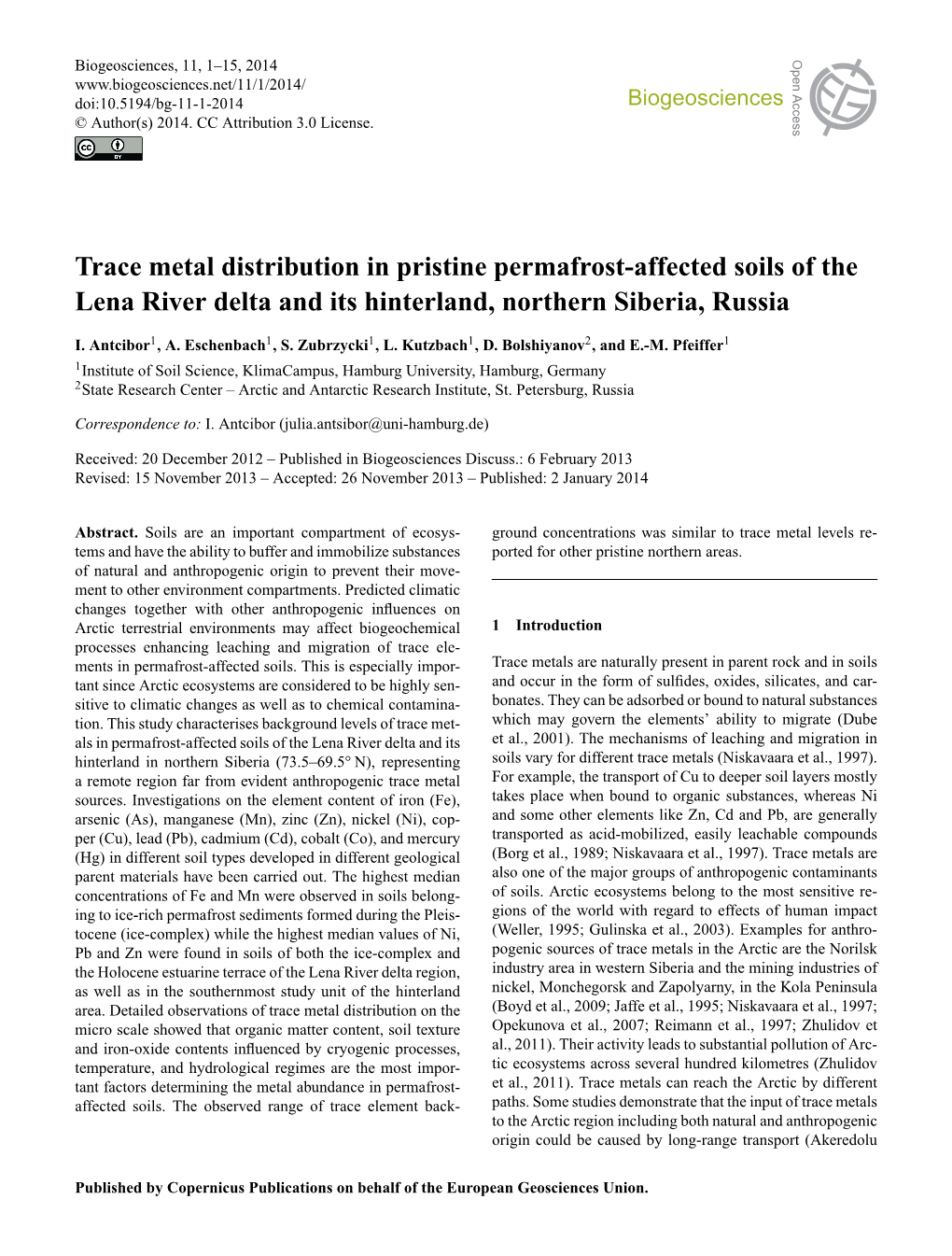 Trace Metal Distribution in Pristine Permafrost-Affected Soils of the Lena River Delta and Its Hinterland, Northern Siberia, Russia