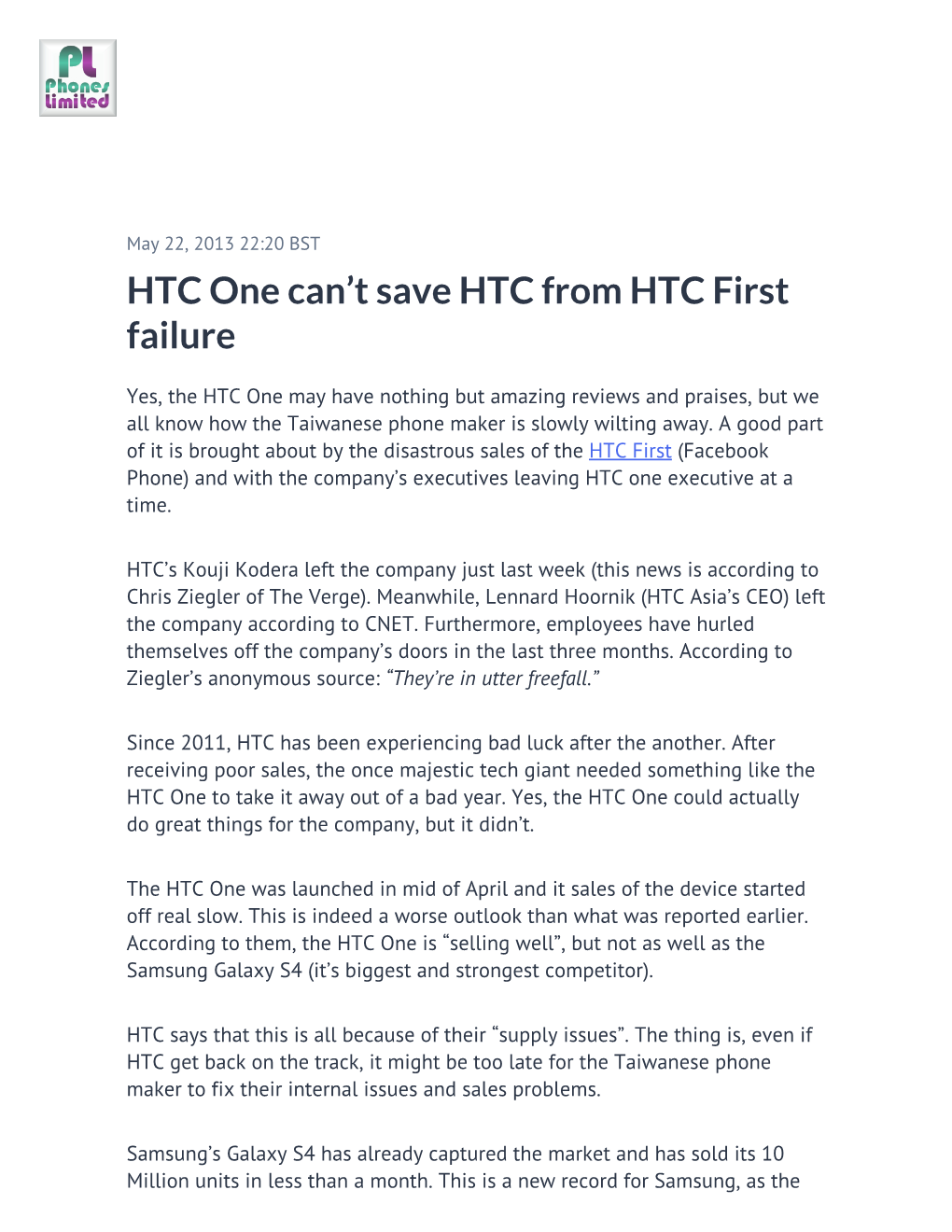 HTC One Can't Save HTC from HTC First Failure