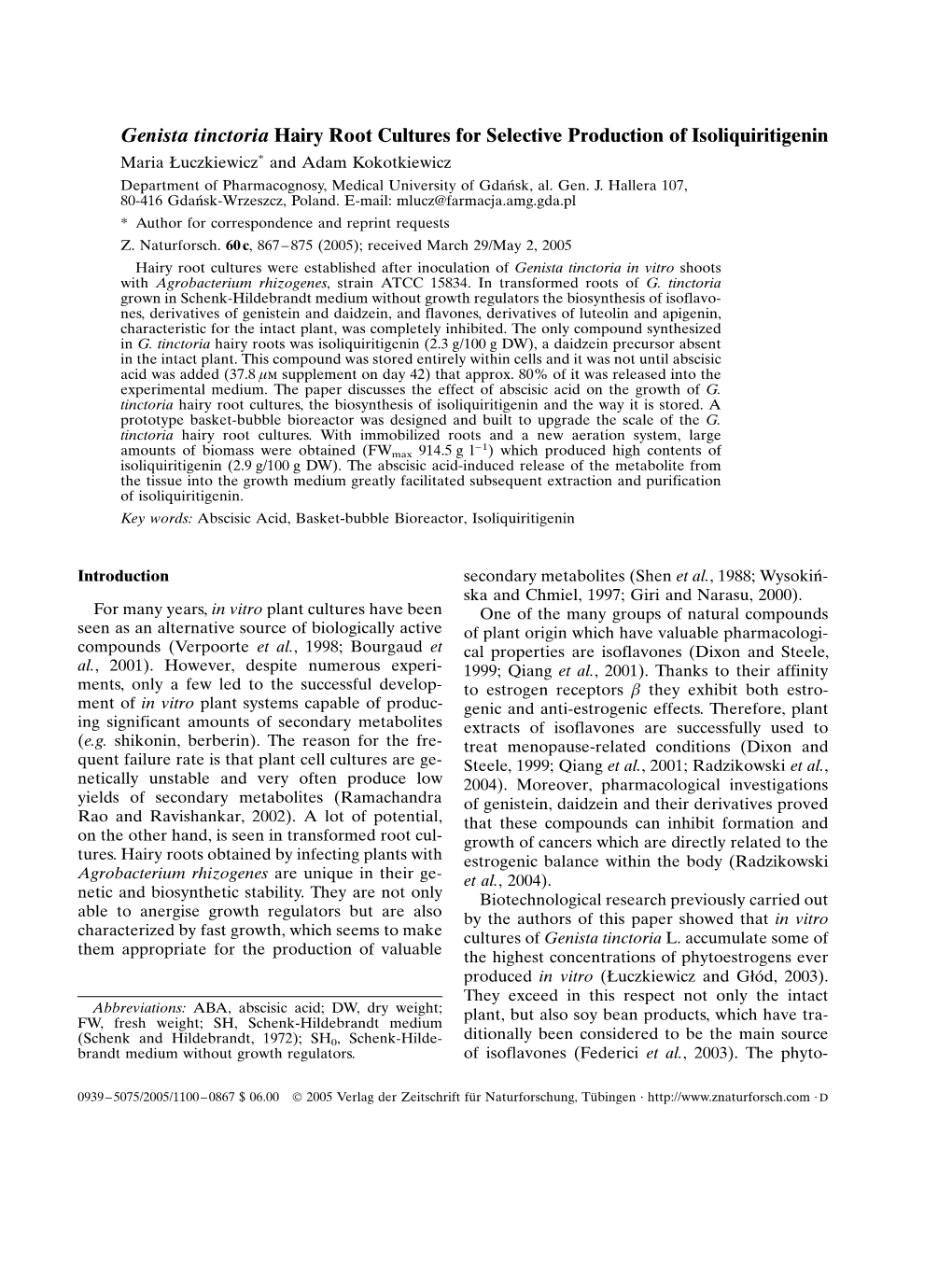 Genista Tinctoria Hairy Root Cultures for Selective Production Of