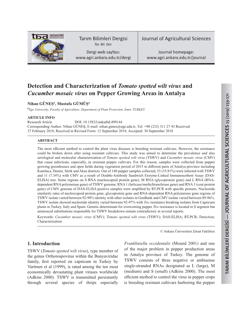 Detection and Characterization of Tomato Spotted Wilt Virus and Cucumber Mosaic Virus on Pepper Growing Areas in Antalya