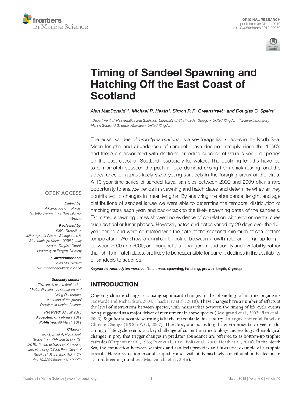 Timing of Sandeel Spawning and Hatching Off the East Coast of Scotland