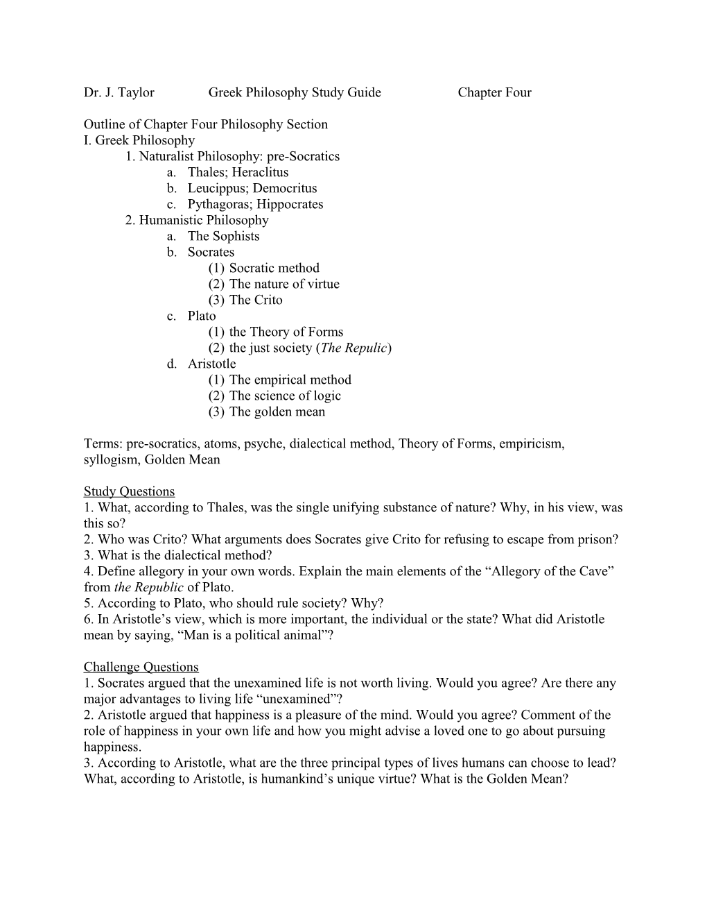 Dr. J. Taylor Greek Philosophy Study Guide Chapter Four