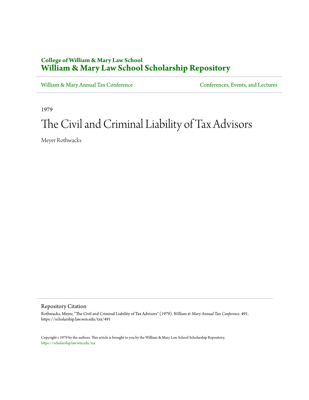 THE CIVIL and CRIMINAL LIABILITY of TAX ADVISORS by MEYER ROTHWACKS