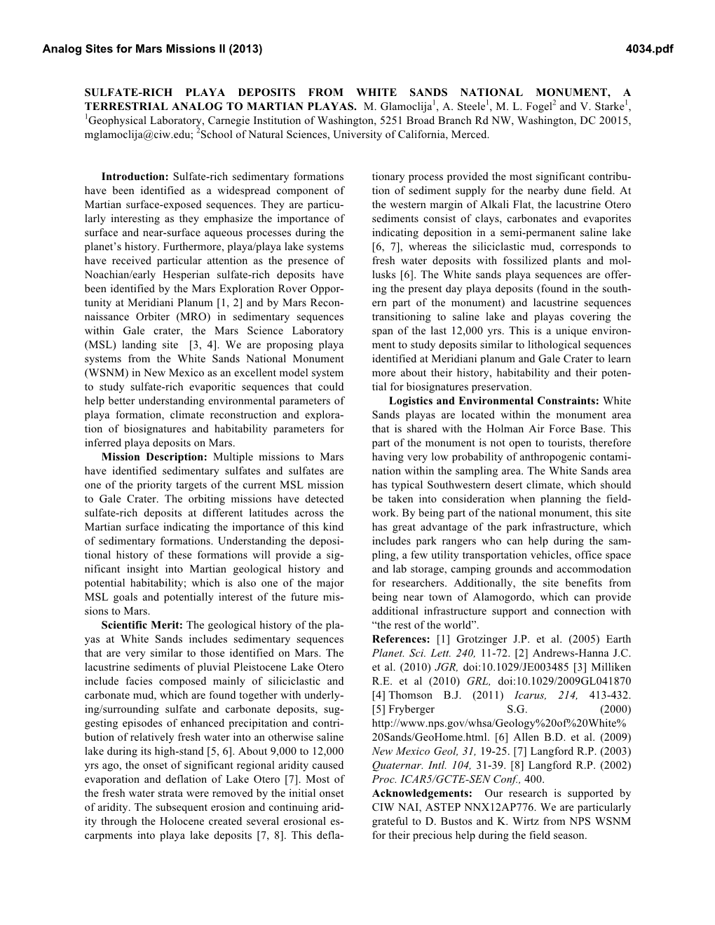 Sulfate-Rich Playa Deposits from White Sands National Monument, a Terrestrial Analog to Martian Playas