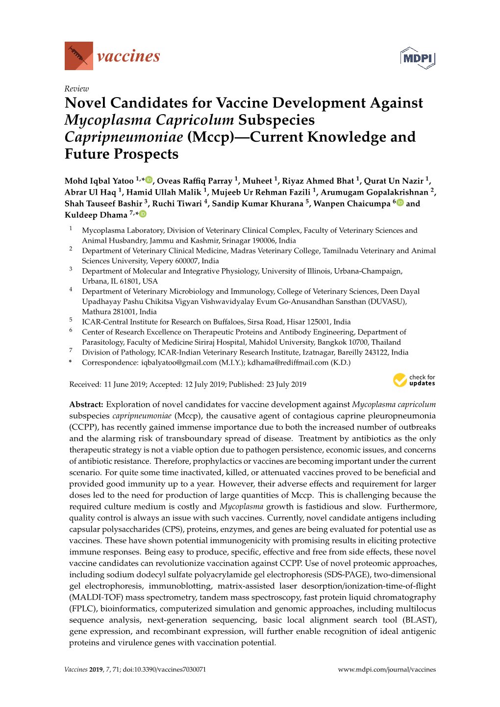 Novel Candidates for Vaccine Development Against Mycoplasma Capricolum Subspecies Capripneumoniae (Mccp)—Current Knowledge and Future Prospects