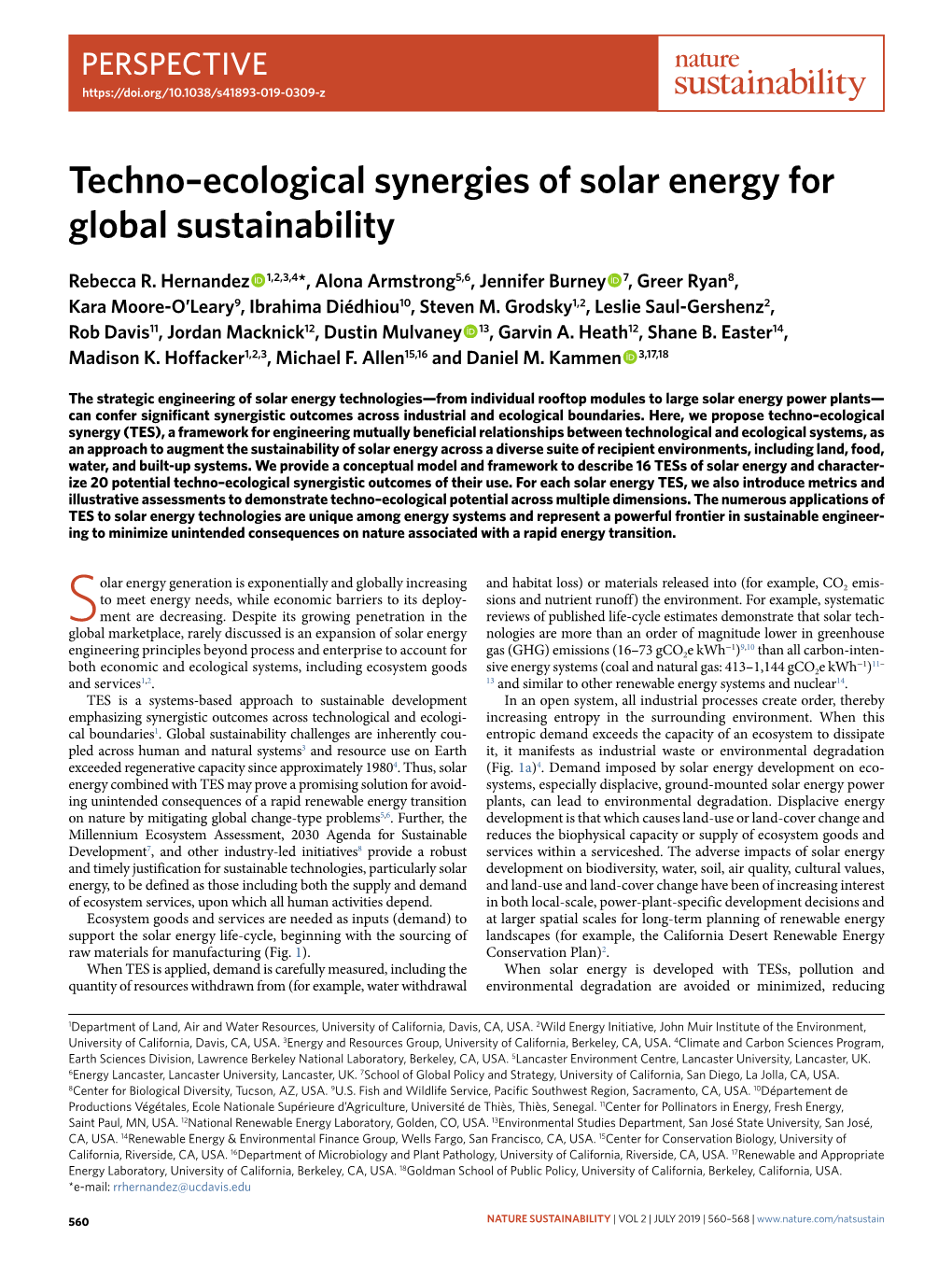 Techno–Ecological Synergies of Solar Energy for Global Sustainability