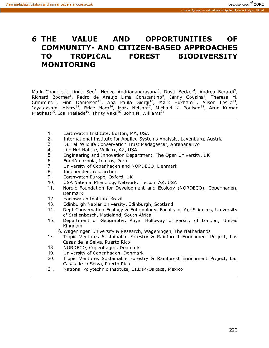 6 the Value and Opportunities of Community- and Citizen-Based Approaches to Tropical Forest Biodiversity Monitoring