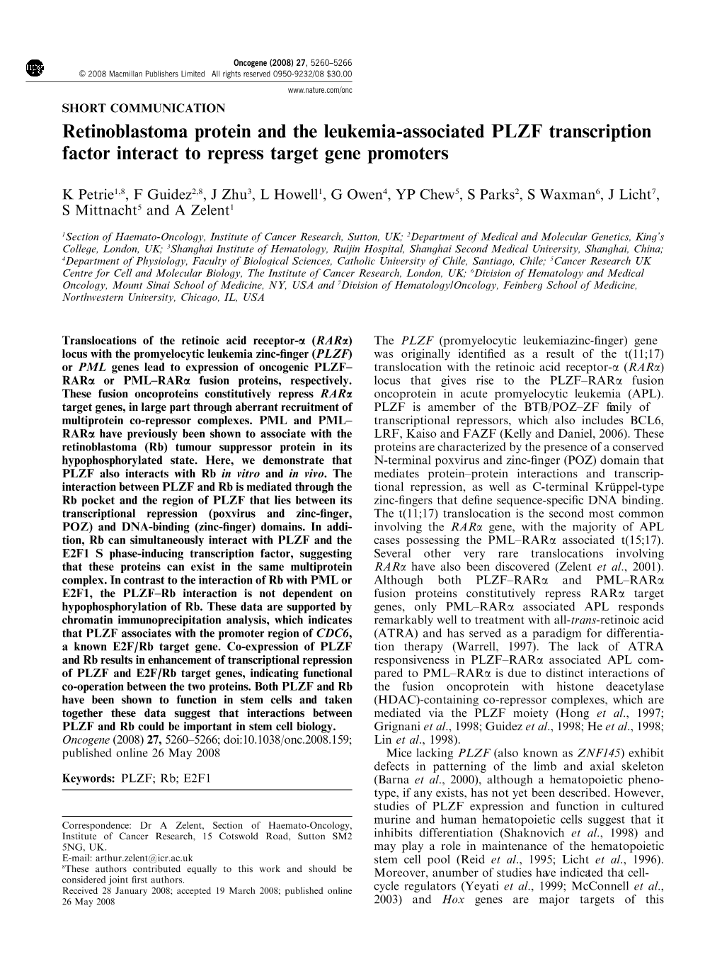 Retinoblastoma Protein and the Leukemia-Associated PLZF Transcription Factor Interact to Repress Target Gene Promoters