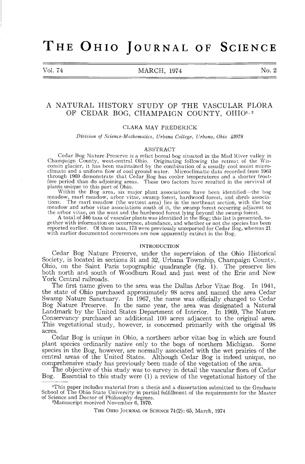 A Natural History Study of the Vascular Flora of Cedar Bog, Champaign County, Ohio12