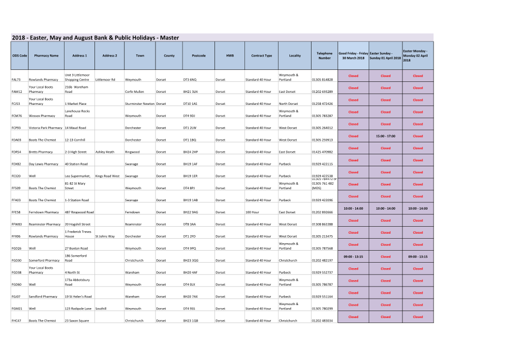 2018 - Easter, May and August Bank & Public Holidays - Master