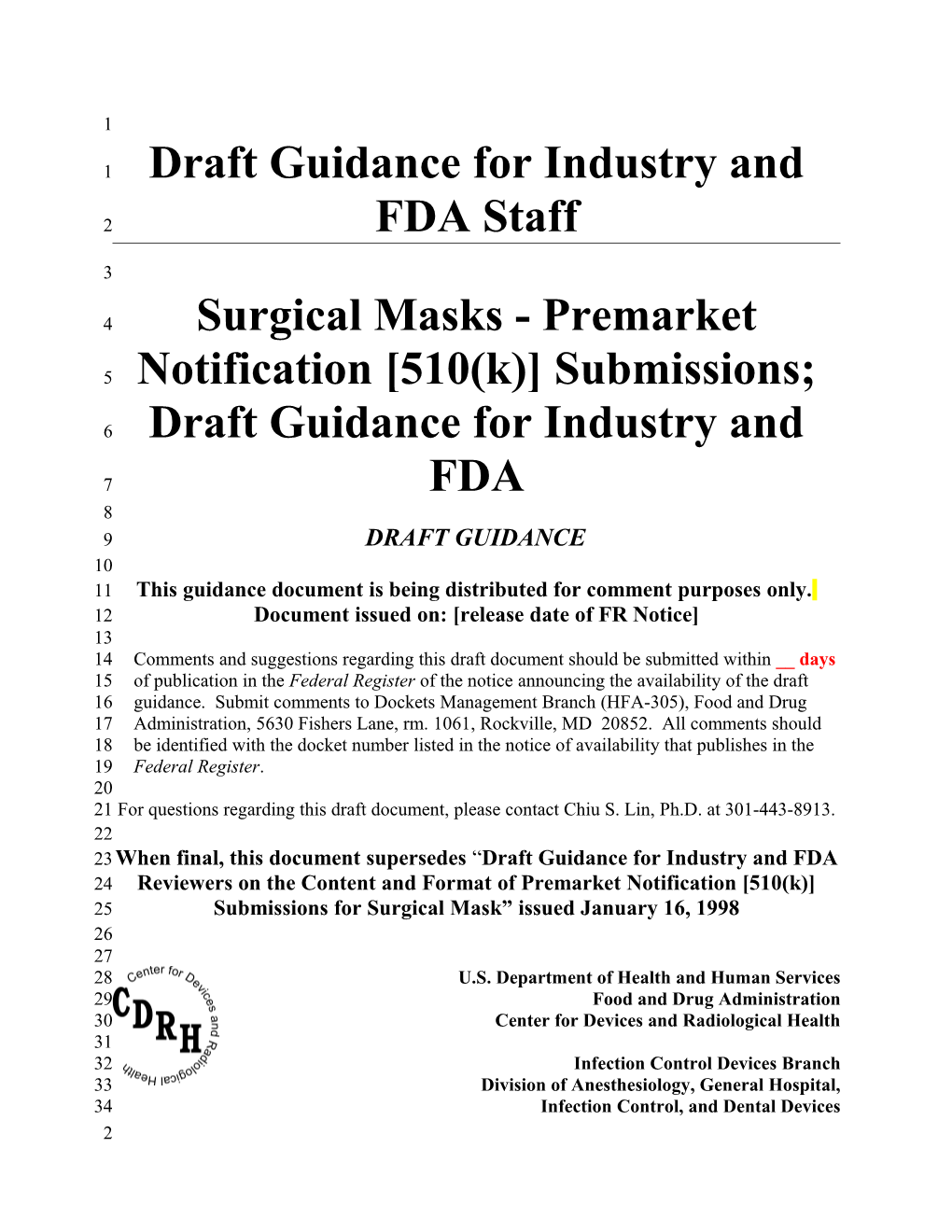 Draft Guidance for Industry and FDA Staff