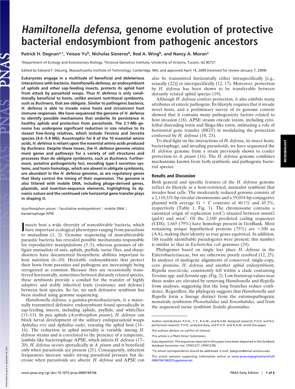 Hamiltonella Defensa, Genome Evolution of Protective Bacterial Endosymbiont from Pathogenic Ancestors