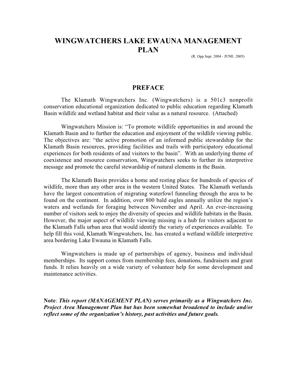 Wingwatchers Lake Ewauna Management Plan (R