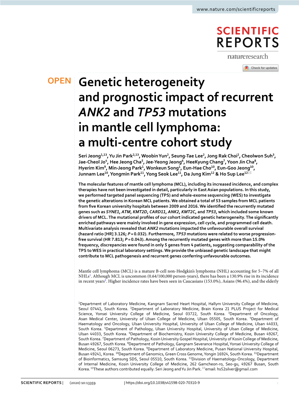 Genetic Heterogeneity and Prognostic Impact of Recurrent ANK2 and TP53 Mutations in Mantle Cell Lymphoma