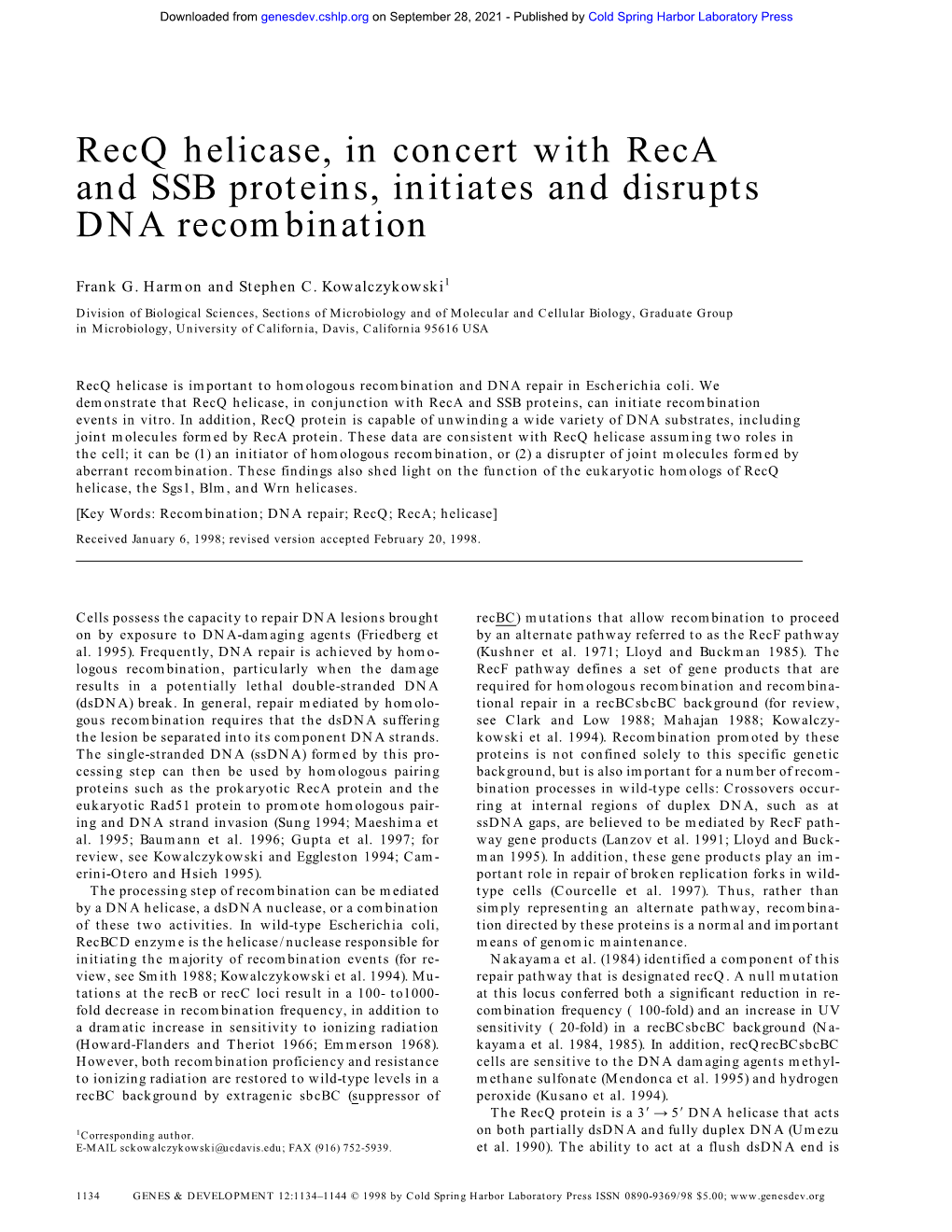 Recq Helicase, in Concert with Reca and SSB Proteins, Initiates and Disrupts DNA Recombination