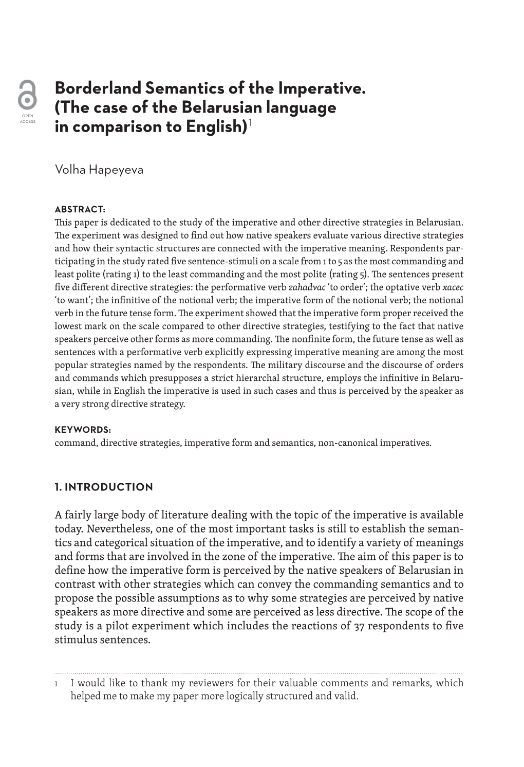 Borderland Semantics of the Imperative. (The Case of the Belarusian Language OPEN ACCESS in Comparison to English)1