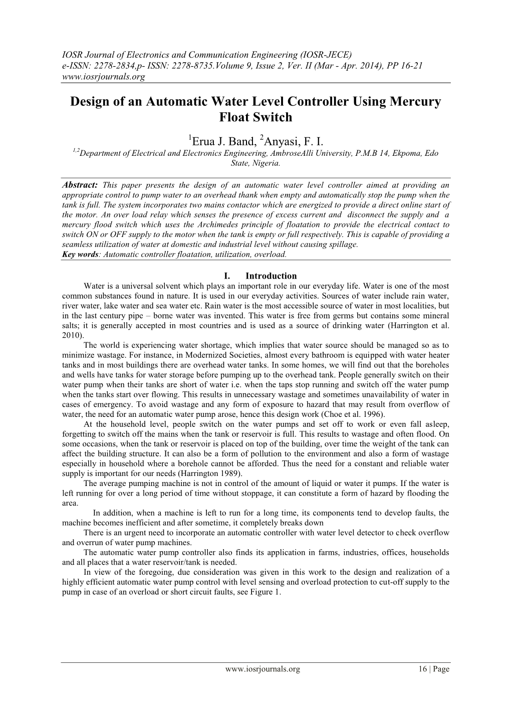 Design of an Automatic Water Level Controller Using Mercury Float Switch