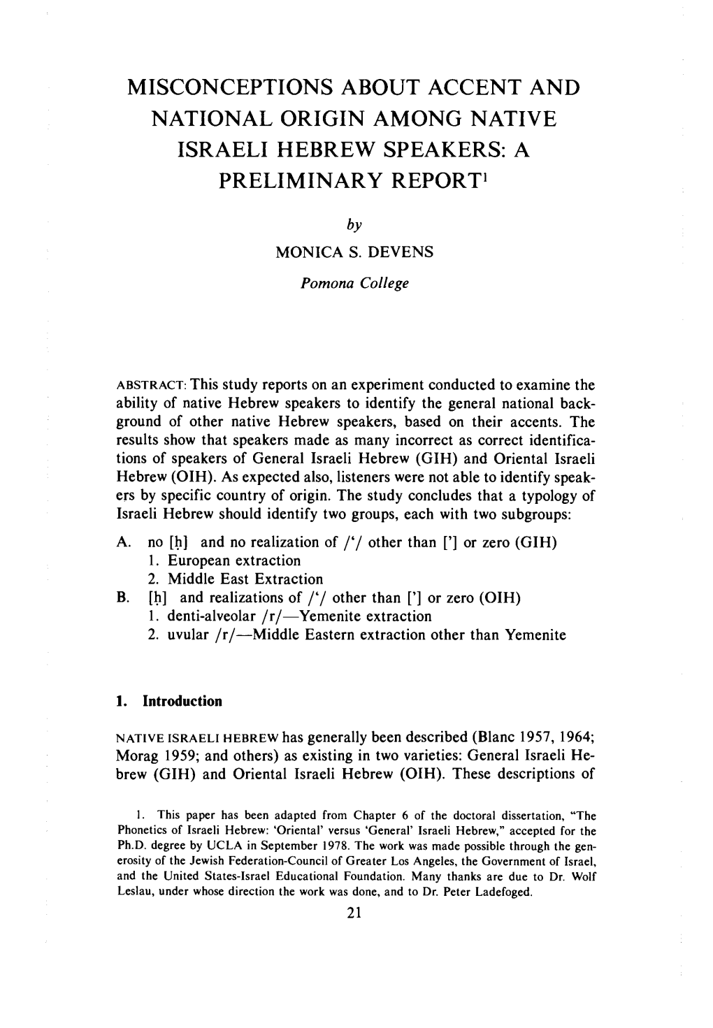 Misconceptions About Accent and National Origin Among Native Israeli Hebrew Speakers: a Preliminary Report1