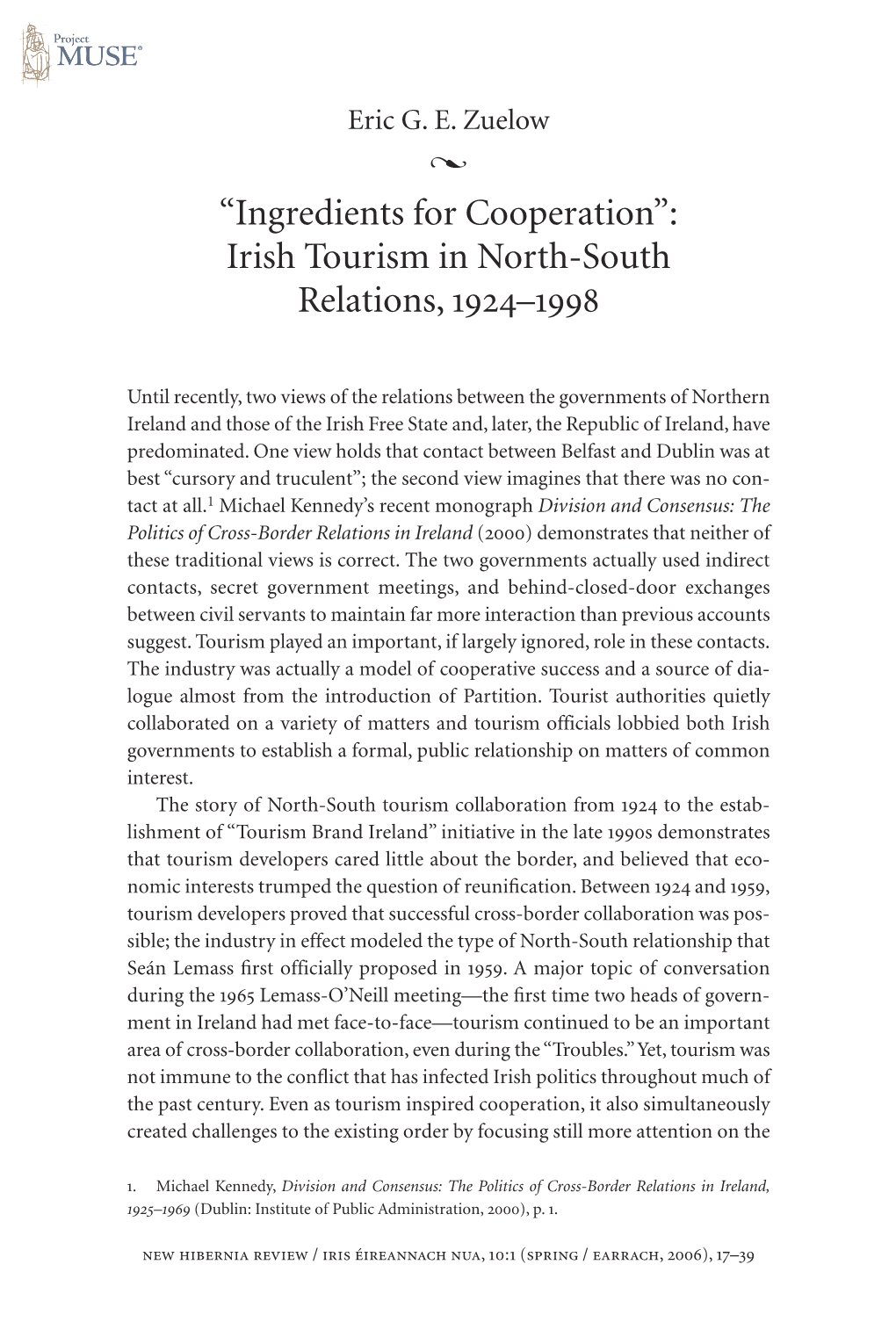 “Ingredients for Cooperation”: Irish Tourism in North-South Relations, 1924–1998