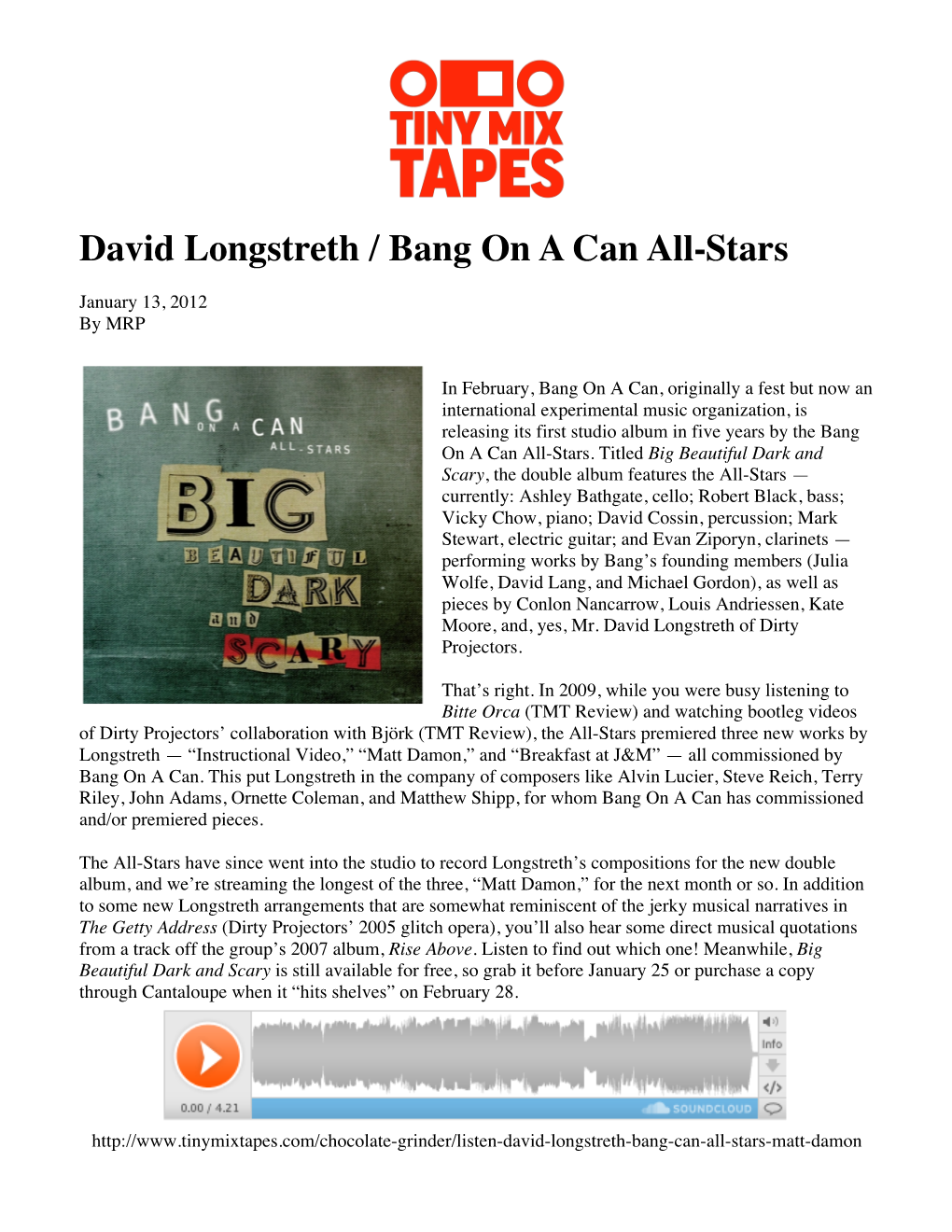 David Longstreth / Bang on a Can All-Stars