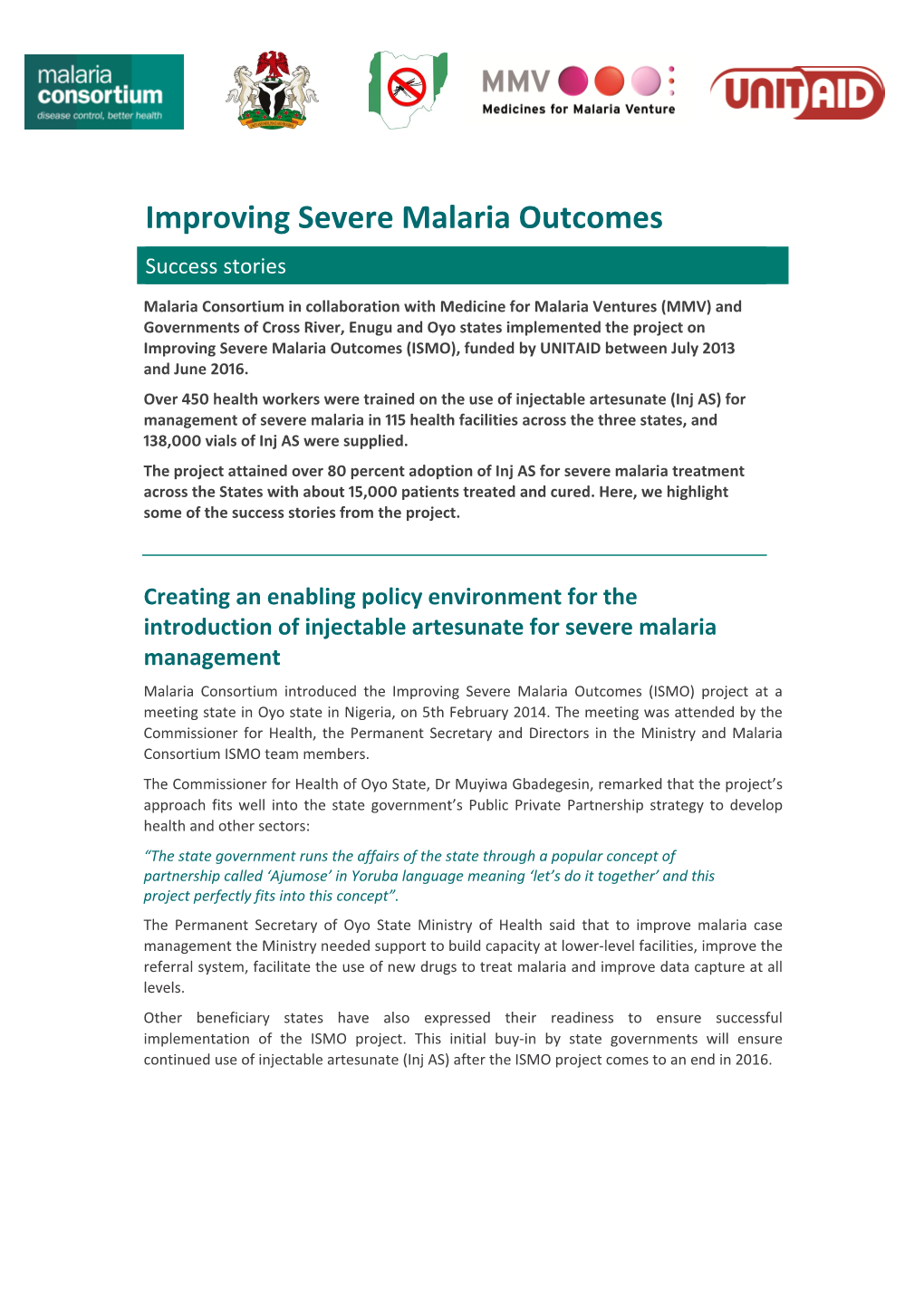 Improving Severe Malaria Outcomes Success Stories