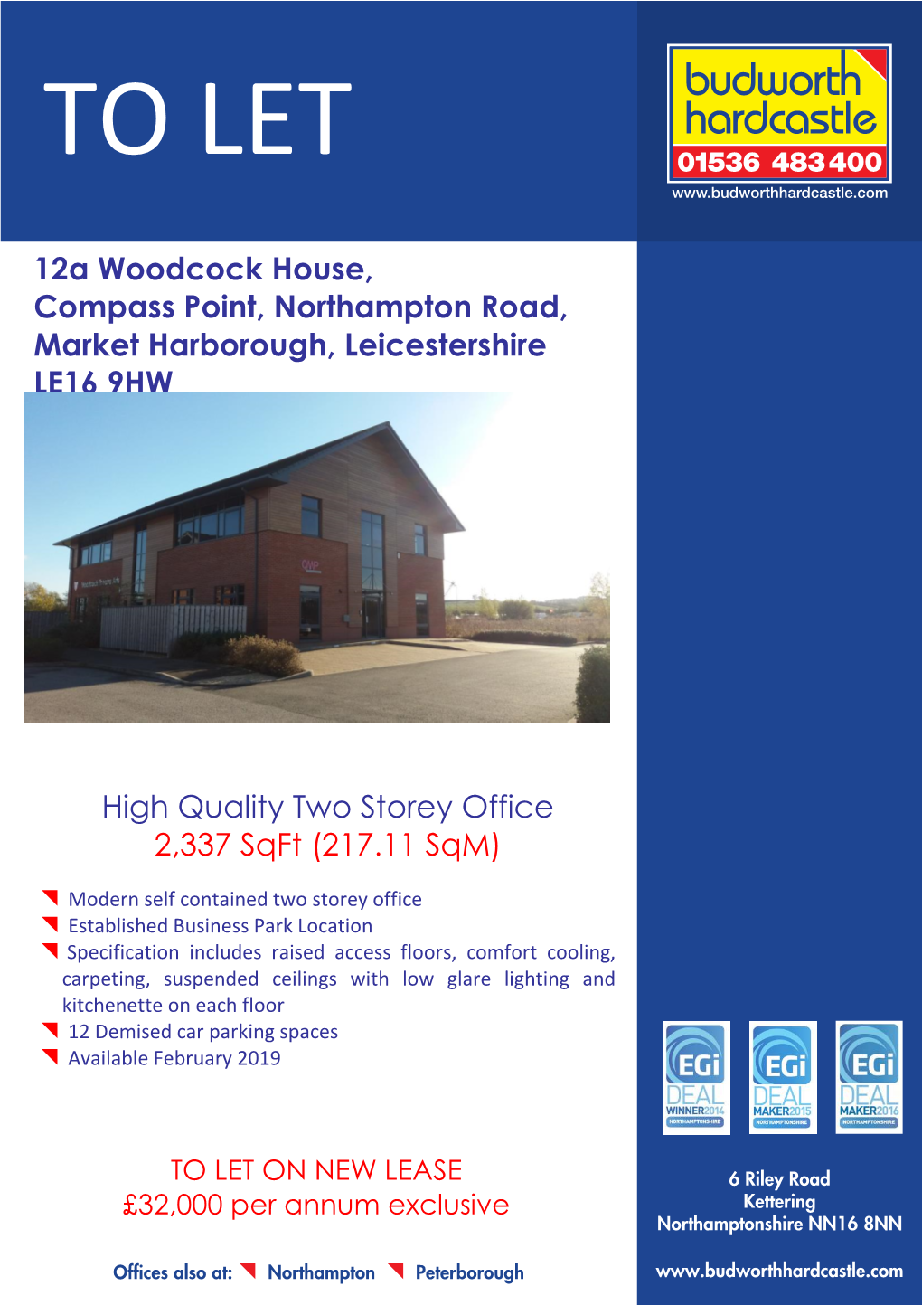 12A Woodcock House, Compass Point, Northampton Road, Market Harborough, Leicestershire LE16 9HW High Quality Two Storey Office