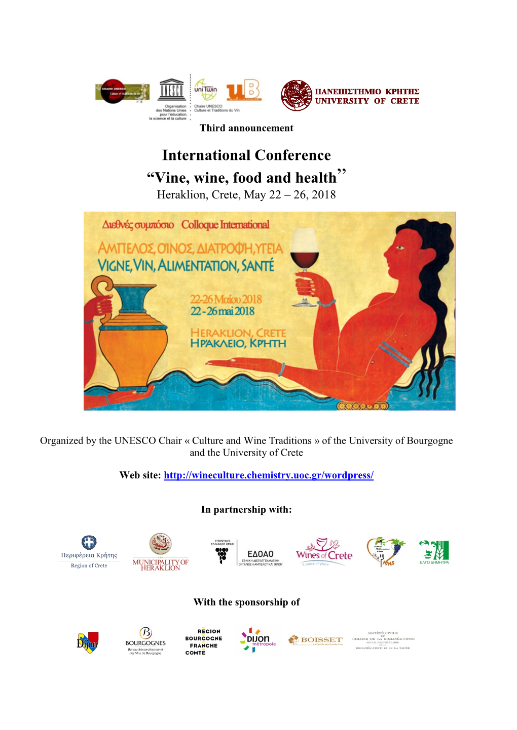 International Conference “Vine, Wine, Food and Health” Heraklion, Crete, May 22 – 26, 2018